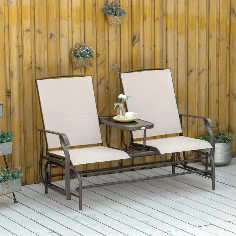 Outsunny Metal Double Garden Swing Chair With Table - Brown-84A-011BN - Image 2