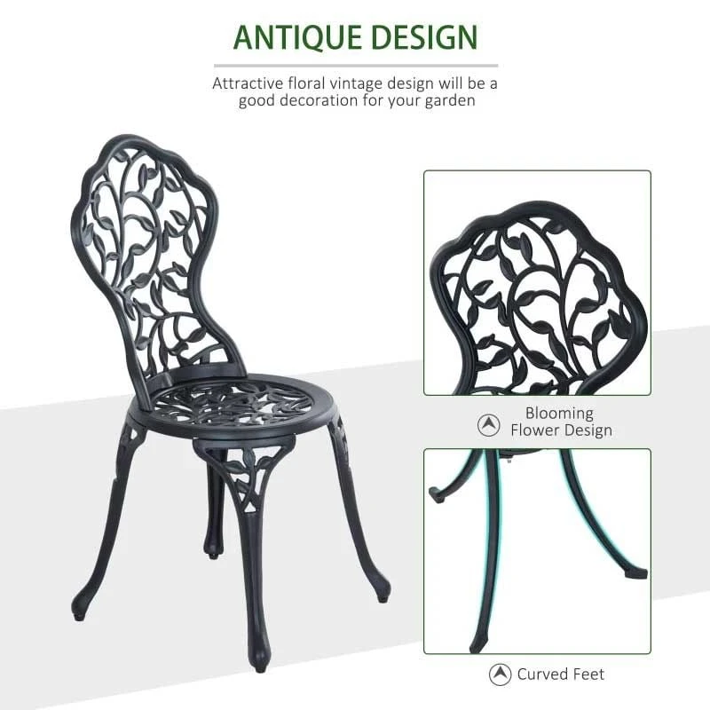 Outsunny 3 Piece Antique Cast Aluminum Bistro Set Outdoor Furniture - Black - 84B-028 - Image 7