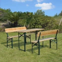 Outsunny 3 Piece Wooden Table & Bench Set - Natural Wood - 84B-106