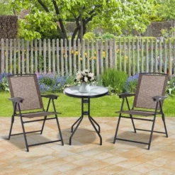 Outsunny 3 Piece Bistro Set With Tempered Glass Table & Adjustable Backrest Chairs - Brown - 84B-225