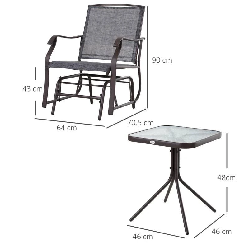 Outsunny Bistro Set Steel Frame Glider Rocking Chair And Table - Grey -84B-359GY - Image 9