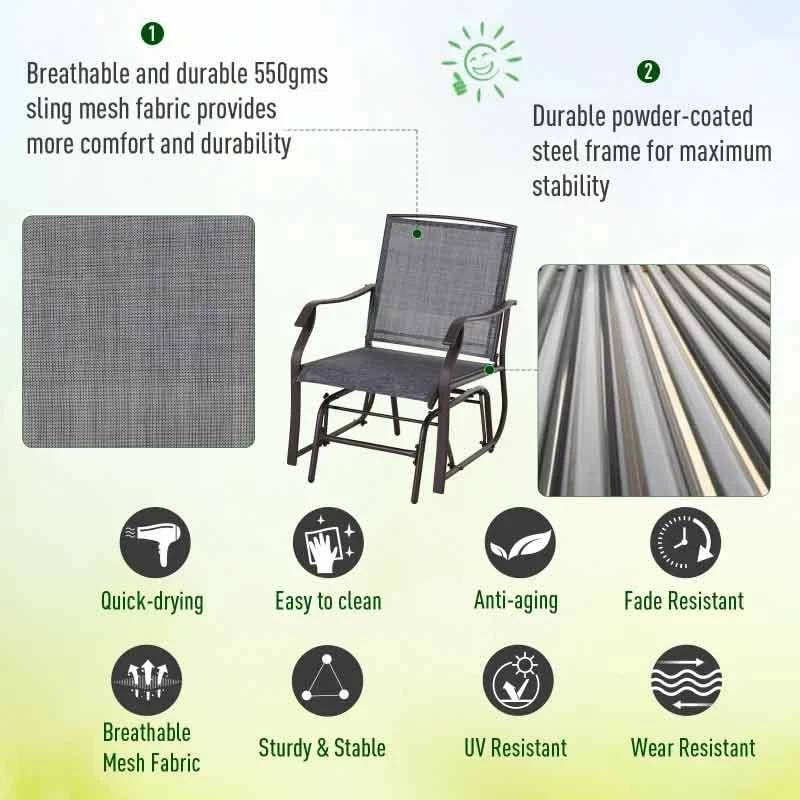 Outsunny Bistro Set Steel Frame Glider Rocking Chair And Table - Grey -84B-359GY - Image 8