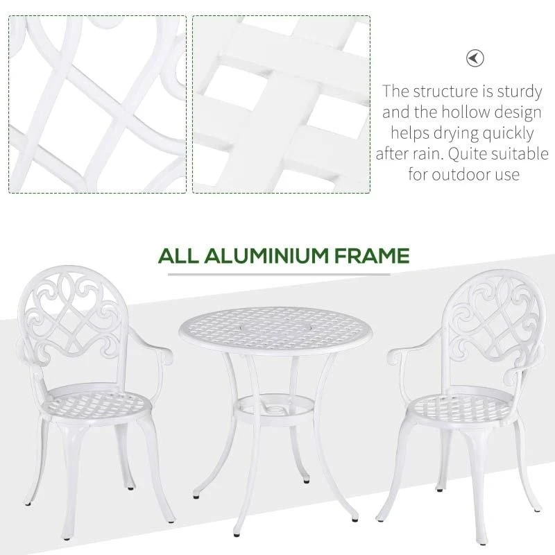 Outsunny 3 Piece Aluminium Bistro Set - White - 84B-505 - Image 6