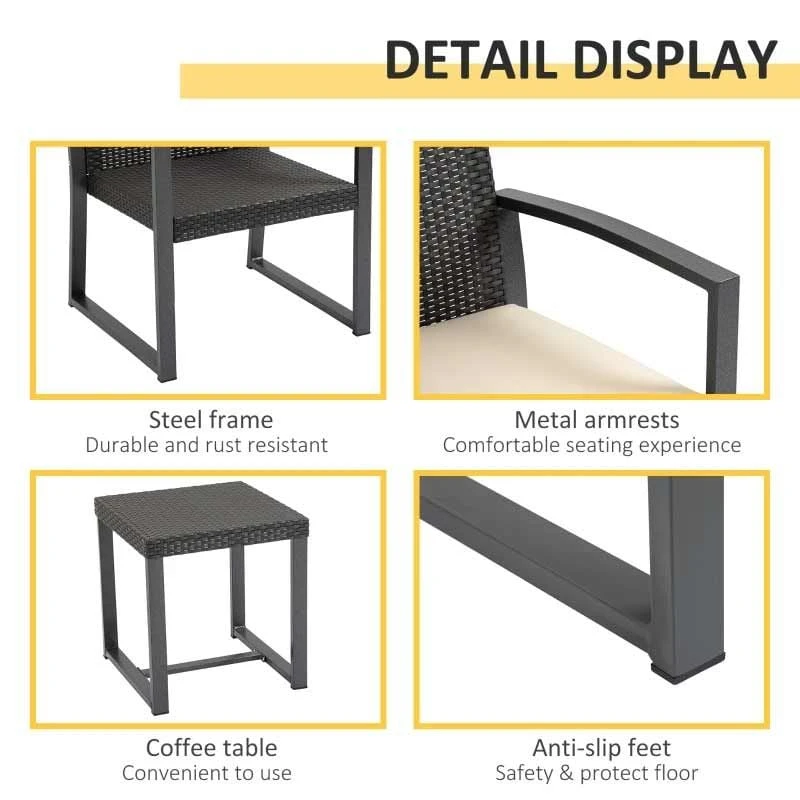 Outsunny PP Rattan Style Bistro Set With Cushion - Brown - 84B-955BN - Image 6