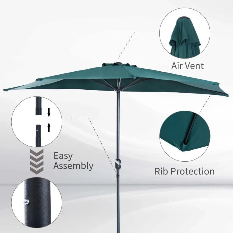Outsunny 2.7m Half Round Umbrella Parasol - Green - 84D-007GN - Image 8