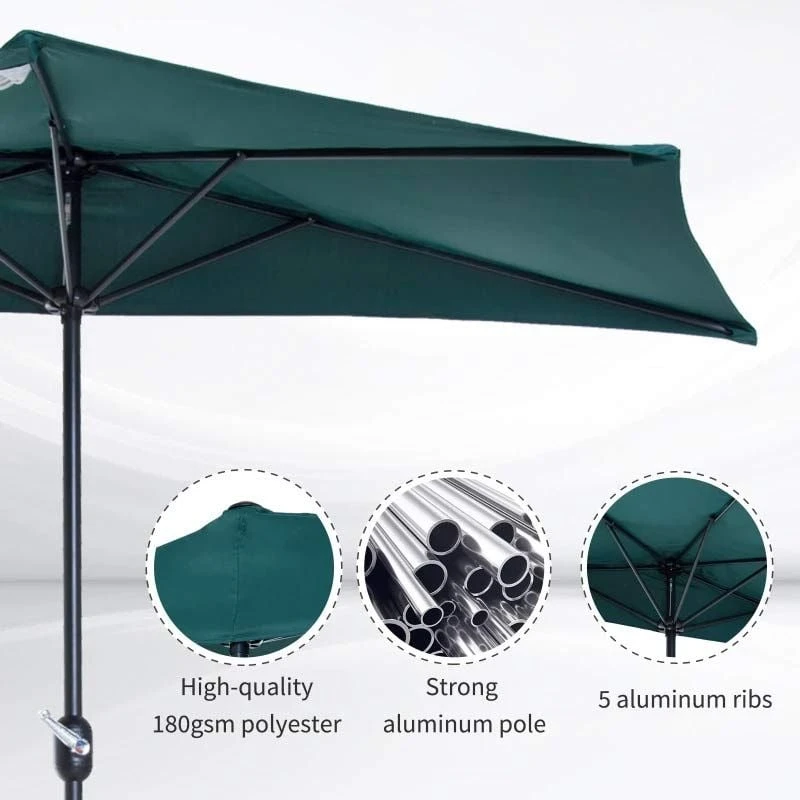 Outsunny 2.7m Half Round Umbrella Parasol - Green - 84D-007GN - Image 7