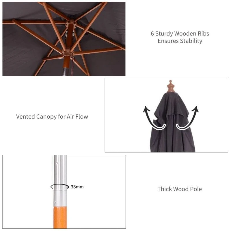 Outsunny 2m X 1.5m Tilt Mechanism Bamboo Wooden Parasol - Deep Grey - 84D-017CG - Image 7