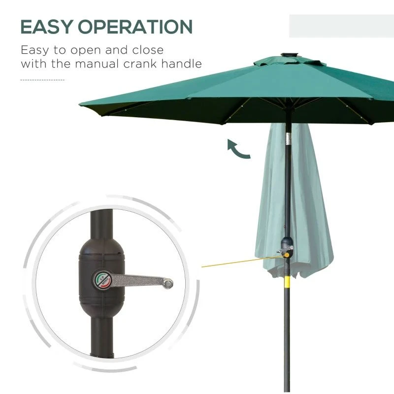 Outsunny 2.7m LED Patio Parasol With Push Button Tilt Crank & 8 Rib - Green - 84D-018GN - Image 7