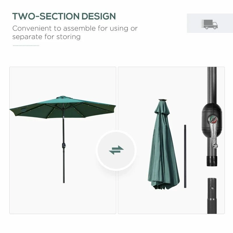 Outsunny 2.7m LED Patio Parasol With Push Button Tilt Crank & 8 Rib - Green - 84D-018GN - Image 8