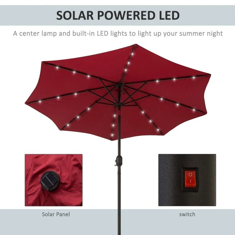 Outsunny 24 LED Solar Powered Parasol Umbrella - Wine Red - 84D-018WR - Image 7