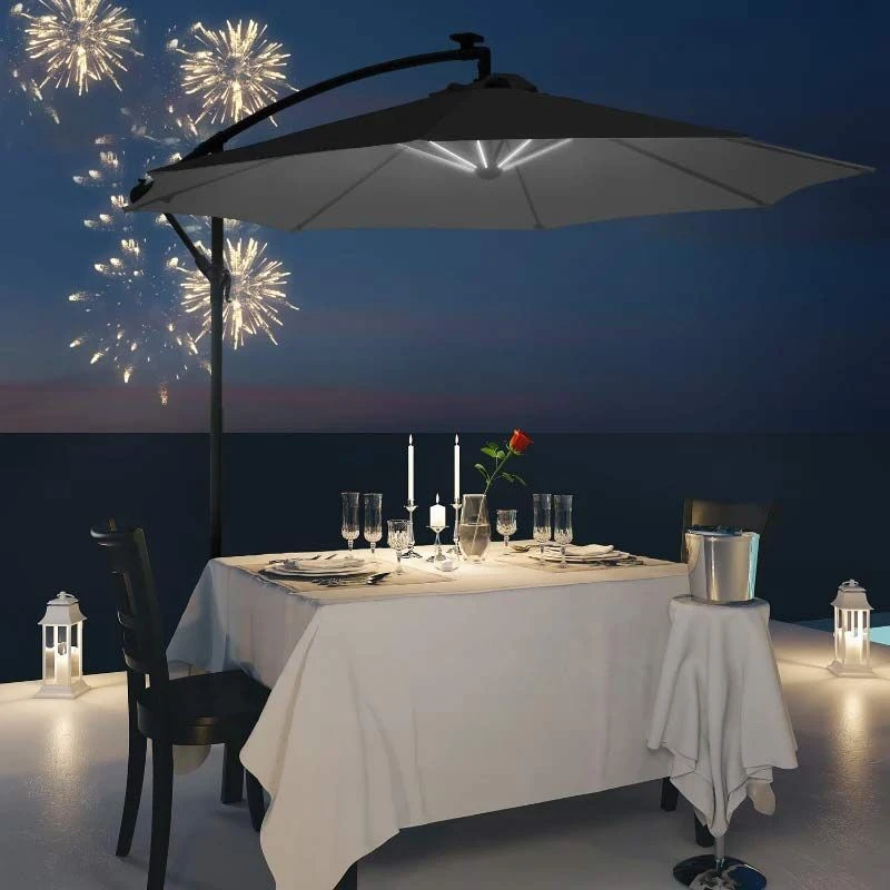 Outsunny 3m LED Banana Cantilever Parasol With Crank Cross Base - Black - 84D-066BK - Image 10