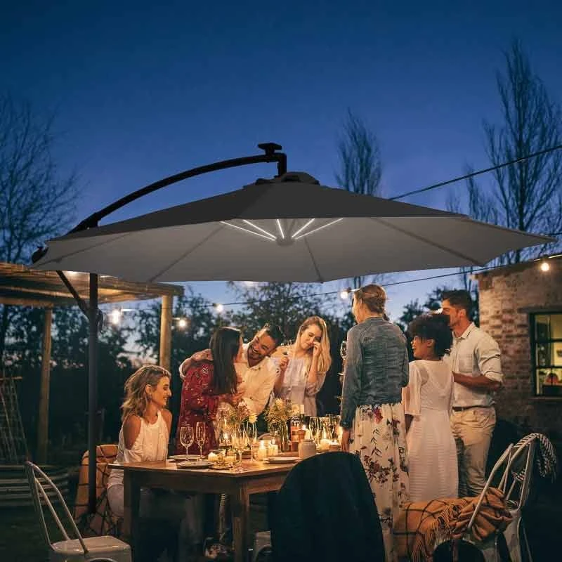 Outsunny 3m LED Banana Cantilever Parasol With Crank Cross Base - Black - 84D-066BK
