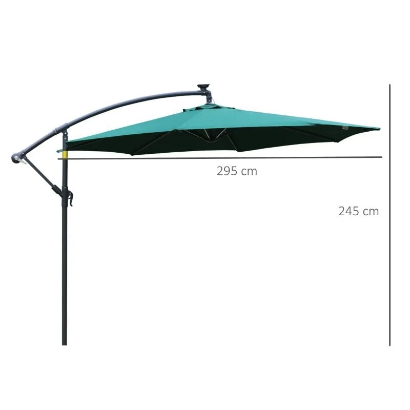 Outsunny 3m LED Patio Banana Umbrella Cantilever Parasol With Crank Cross Base - Green - 84D-066GN - Image 9