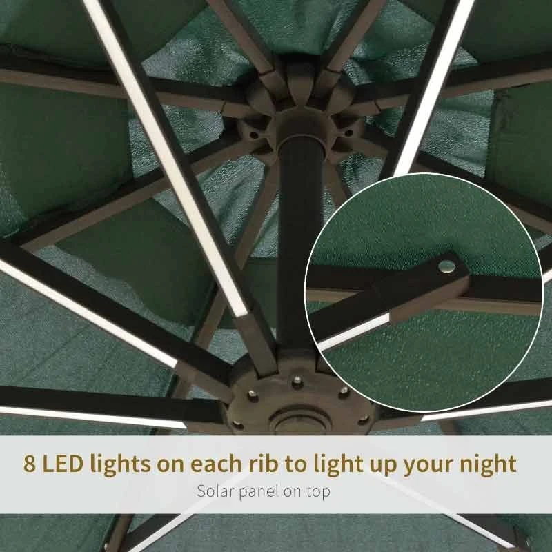 Outsunny 3m LED Patio Banana Umbrella Cantilever Parasol With Crank Cross Base - Green - 84D-066GN - Image 5