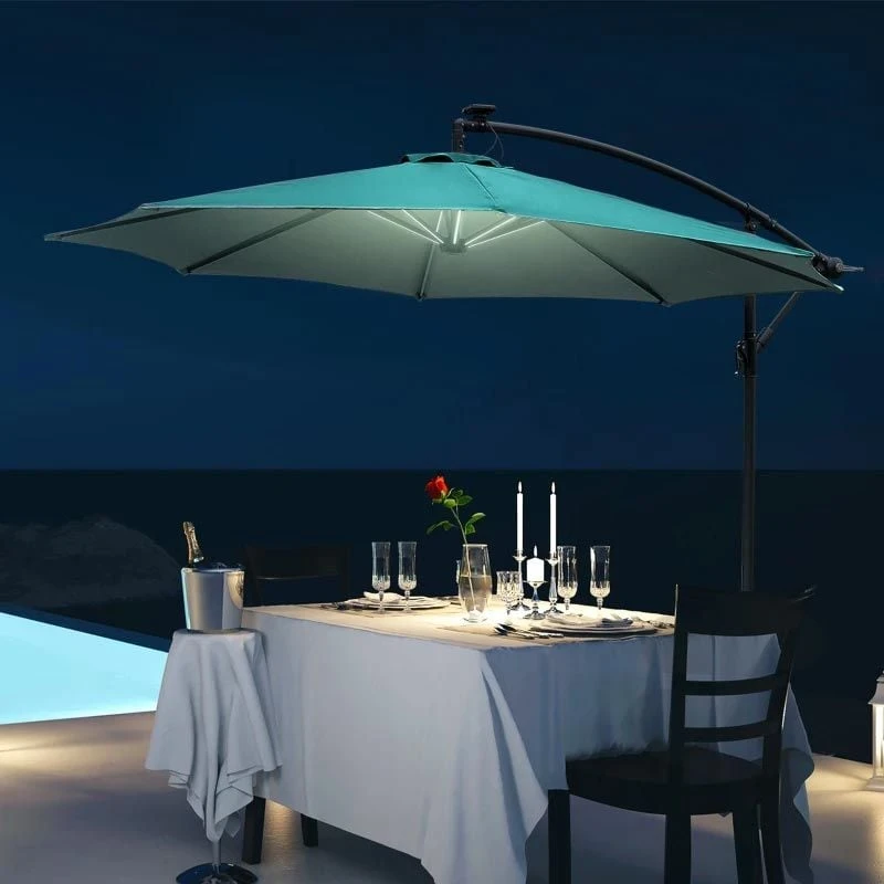 Outsunny 3m LED Patio Banana Umbrella Cantilever Parasol With Crank Cross Base - Green - 84D-066GN - Image 2