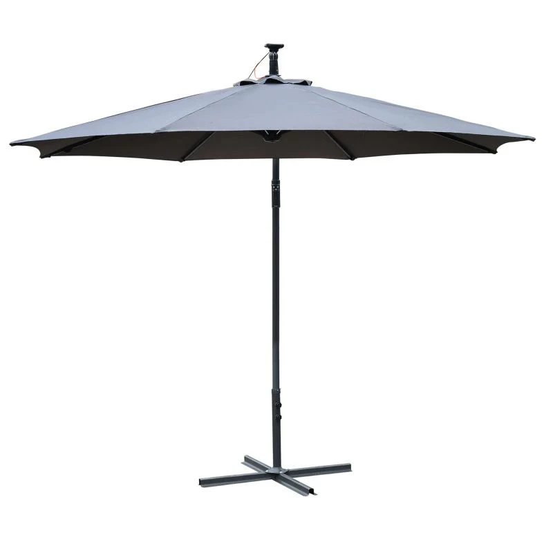 Outsunny 2.95m LED Patio Banana Umbrella Cantilever Parasol With Crank Cross Base - Grey - 84D-066GY - Image 3
