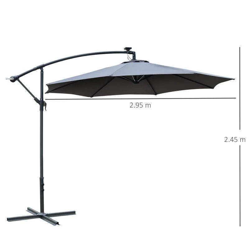 Outsunny 2.95m LED Patio Banana Umbrella Cantilever Parasol With Crank Cross Base - Grey - 84D-066GY - Image 10