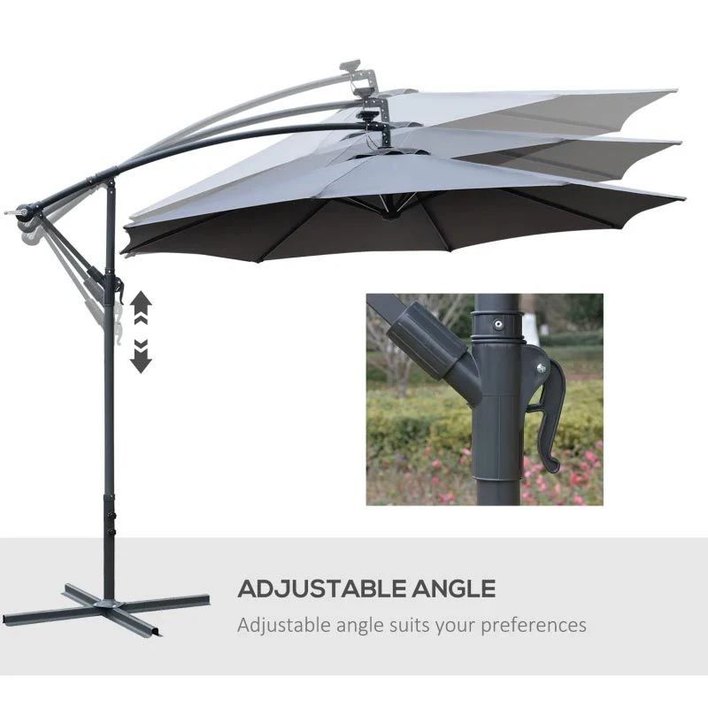 Outsunny 2.95m LED Patio Banana Umbrella Cantilever Parasol With Crank Cross Base - Grey - 84D-066GY - Image 8