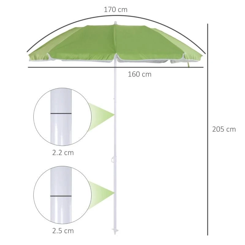 Outsunny 1.7m X 2m Tilted Steel Frame Beach Parasol - Green - 84D-069GN - Image 9