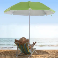 Outsunny 1.7m X 2m Tilted Steel Frame Beach Parasol - Green - 84D-069GN