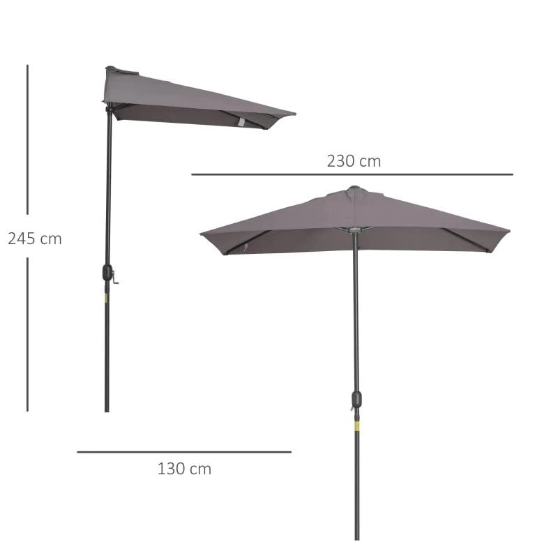 Outsunny 2.3m Half Round Parasol - Grey - 84D-074GY - Image 10