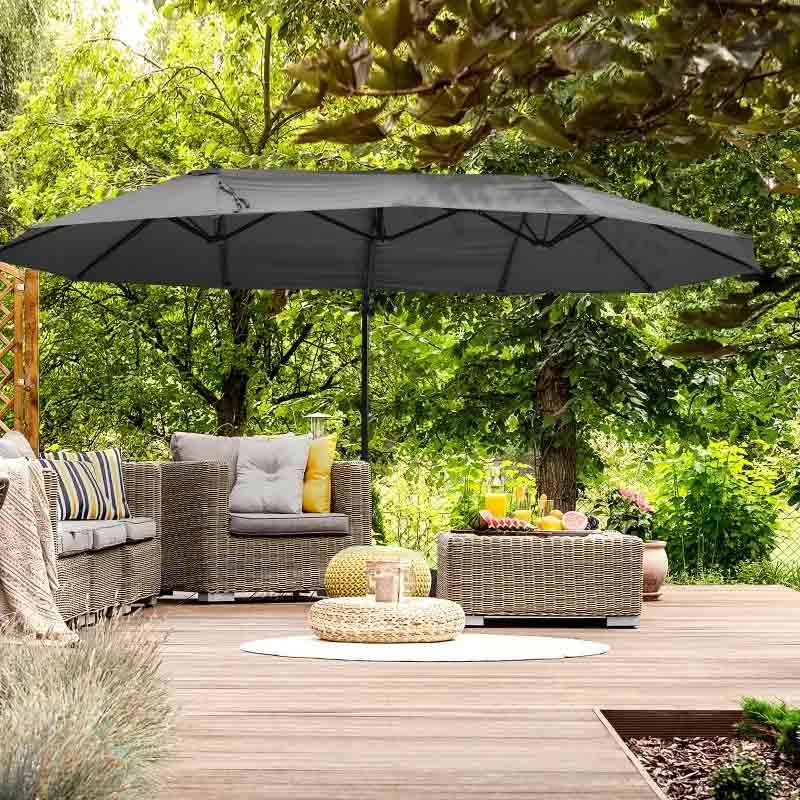 Outsunny Double Canopy Offset Parasol With Steel Pole 12 Ribs - Grey - 84D-085GY