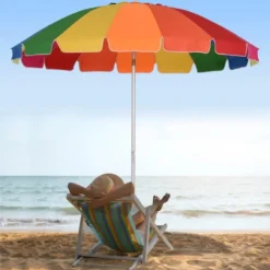 Outsunny 2.4m Beach Umbrella With Sand Anchor Adjustable Angle Carry Bag - Multicolor - 84D-090