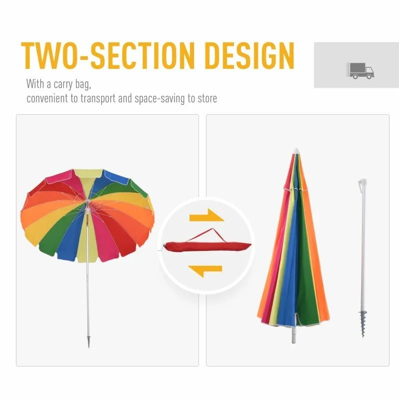 Outsunny 2.4m Beach Umbrella With Sand Anchor Adjustable Angle Carry Bag - Multicolor - 84D-090 - Image 9
