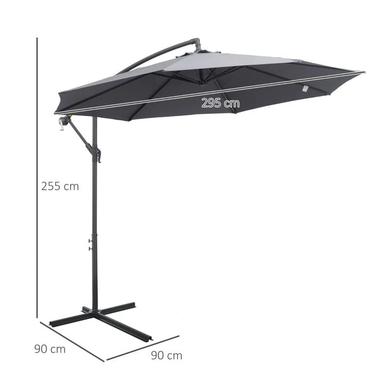 Outsunny 3m Banana Hanging Cantilever Parasol With Crank Handle And Cross Base - Grey - 84D-096GY - Image 10