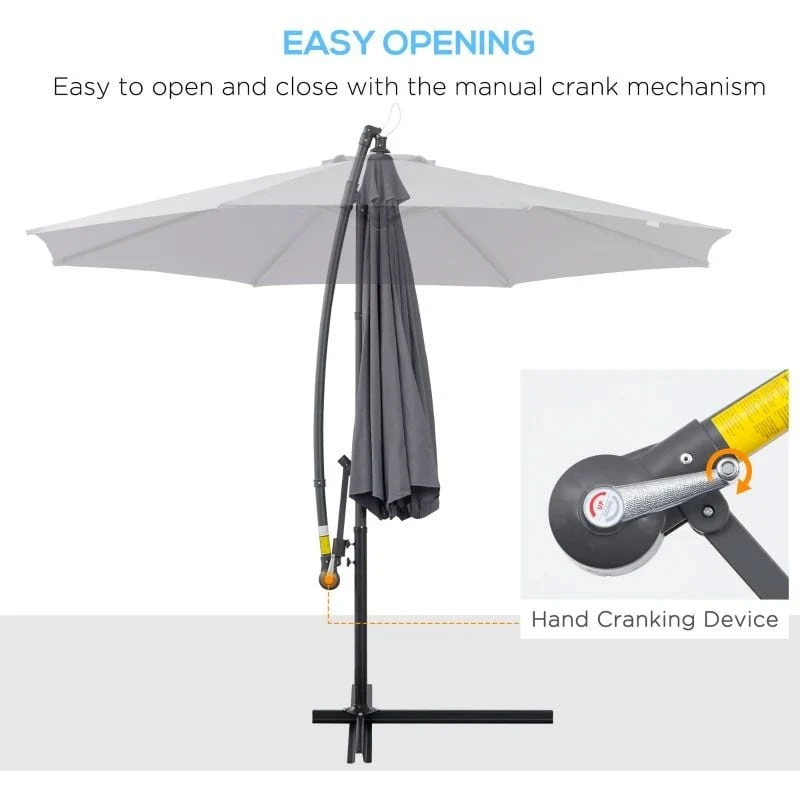 Outsunny 3m Banana Hanging Cantilever Parasol With Crank Handle And Cross Base - Grey - 84D-096GY - Image 9