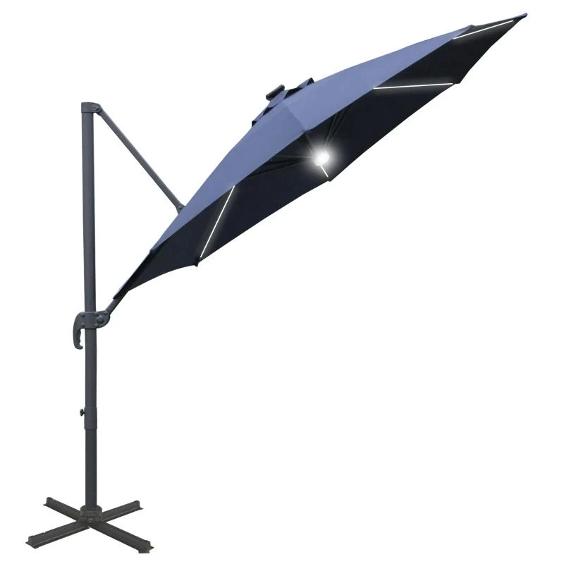 Outsunny 3m LED Cantilever Parasol With Base And Solar Lights - Blue - 84D-104NU - Image 2