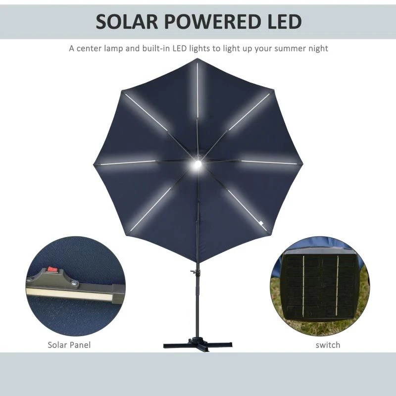 Outsunny 3m LED Cantilever Parasol With Base And Solar Lights - Blue - 84D-104NU - Image 8