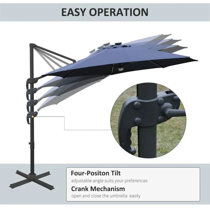 Outsunny 3m LED Cantilever Parasol With Base And Solar Lights - Blue - 84D-104NU - Image 7