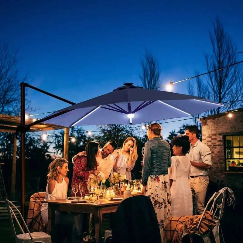 Outsunny 3m LED Cantilever Parasol With Base And Solar Lights - Blue - 84D-104NU