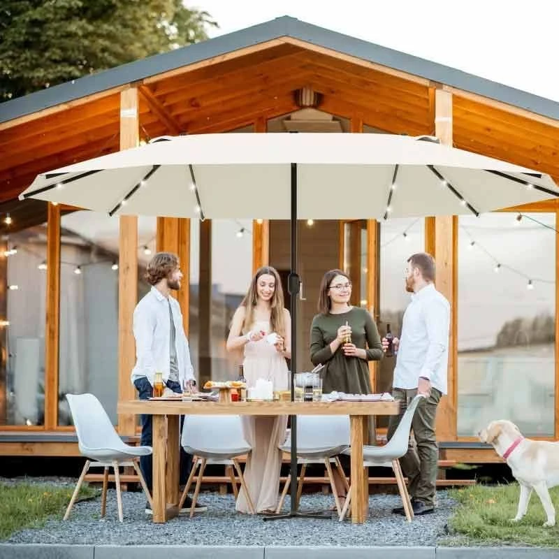 Outsunny 4.4m Double-Sided Sun Parasol LED Solar Lights - Cream White - 84D-106CW - Image 10