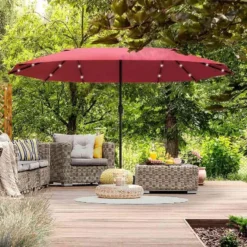 Outsunny 4.4m Double-Sided Parasol LED Solar Lights - Red - 84D-106WR