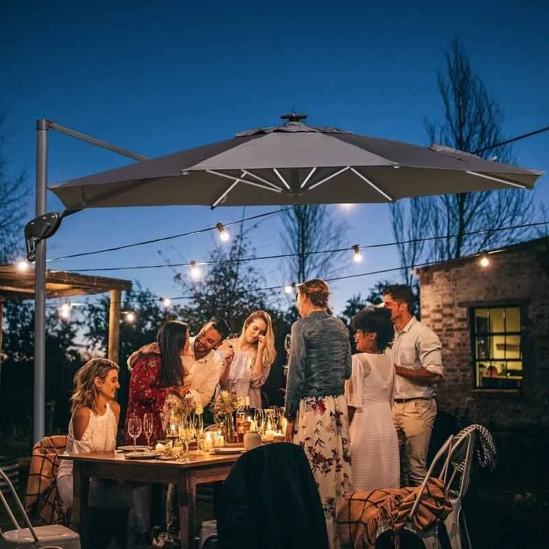 Outsunny 3m Solar LED Cantilever Adjustable Parasol With Base - Light Grey - 84D-110GY