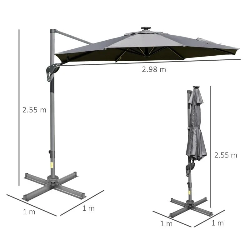 Outsunny 3m Solar LED Cantilever Adjustable Parasol With Base - Light Grey - 84D-110GY - Image 10
