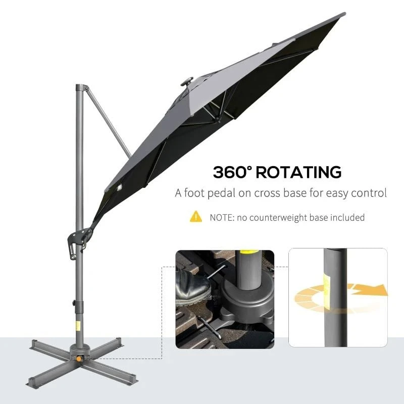Outsunny 3m Solar LED Cantilever Adjustable Parasol With Base - Light Grey - 84D-110GY - Image 9