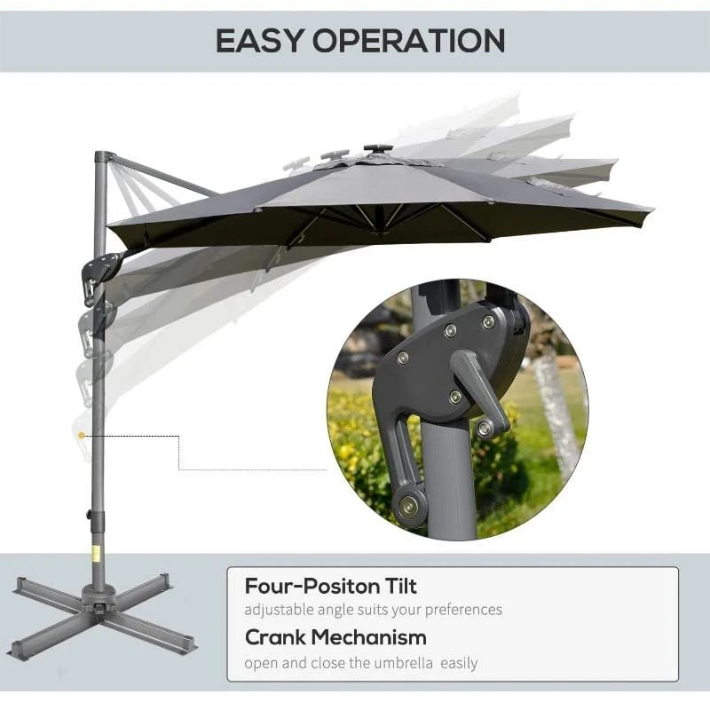 Outsunny 3m Solar LED Cantilever Adjustable Parasol With Base - Light Grey - 84D-110GY - Image 6
