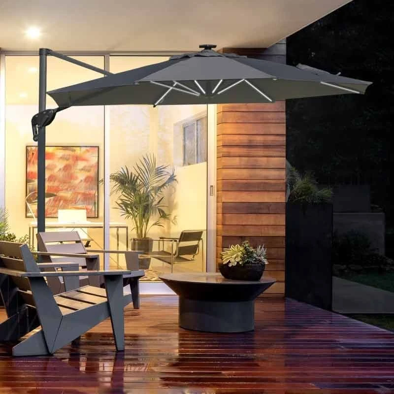 Outsunny 3m Solar LED Cantilever Adjustable Parasol With Base - Light Grey - 84D-110GY - Image 3