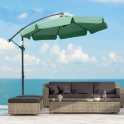 Outsunny 2.7m Banana Cantilever Parasol With Crank Handle And Cross Base - Green - 84D-161GN