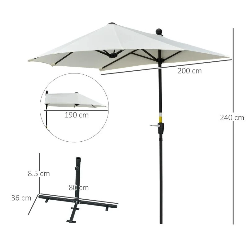 Outsunny 2m Half Balcony Parasol With Crank Handle & Base - Cream White - 84D-175CW - Image 10