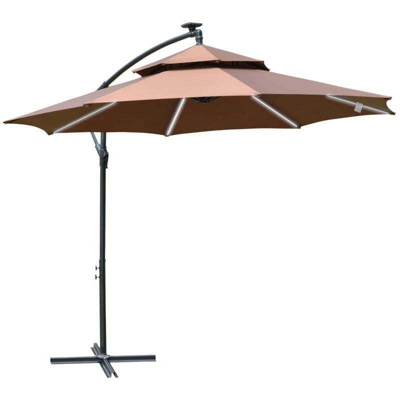 Outsunny 3m Cantilever Banana Parasol With LED Solar Lights, Crank, 8 Sturdy Ribs And Cross Base - Coffee - 84D-180CF - Image 2