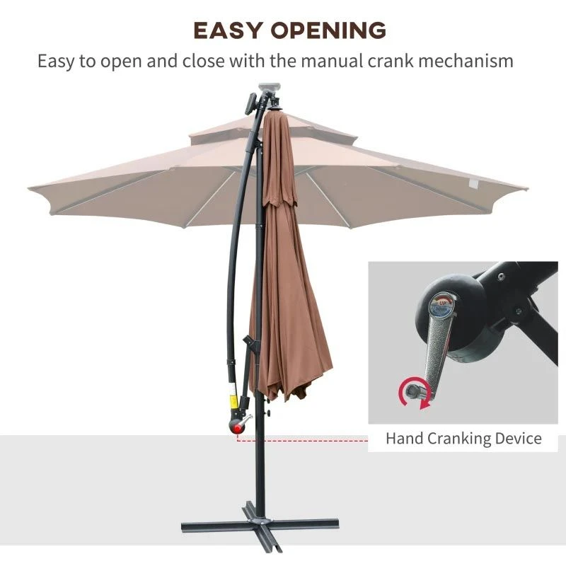 Outsunny 3m Cantilever Banana Parasol With LED Solar Lights, Crank, 8 Sturdy Ribs And Cross Base - Coffee - 84D-180CF - Image 8