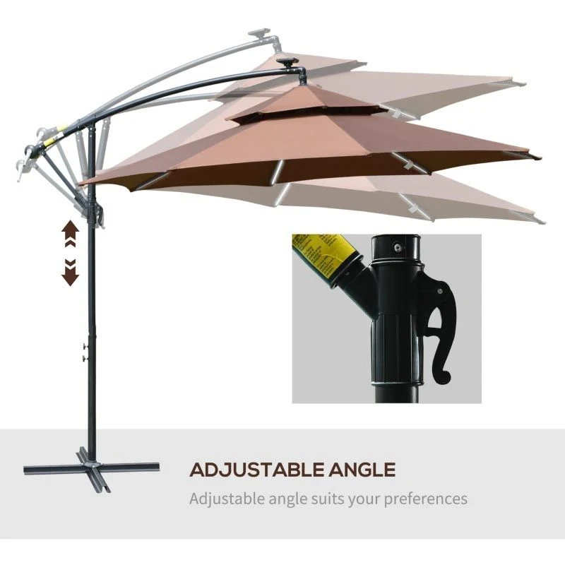 Outsunny 3m Cantilever Banana Parasol With LED Solar Lights, Crank, 8 Sturdy Ribs And Cross Base - Coffee - 84D-180CF - Image 7