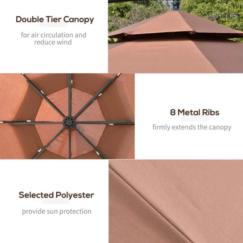 Outsunny 3m Cantilever Banana Parasol With LED Solar Lights, Crank, 8 Sturdy Ribs And Cross Base - Coffee - 84D-180CF - Image 6