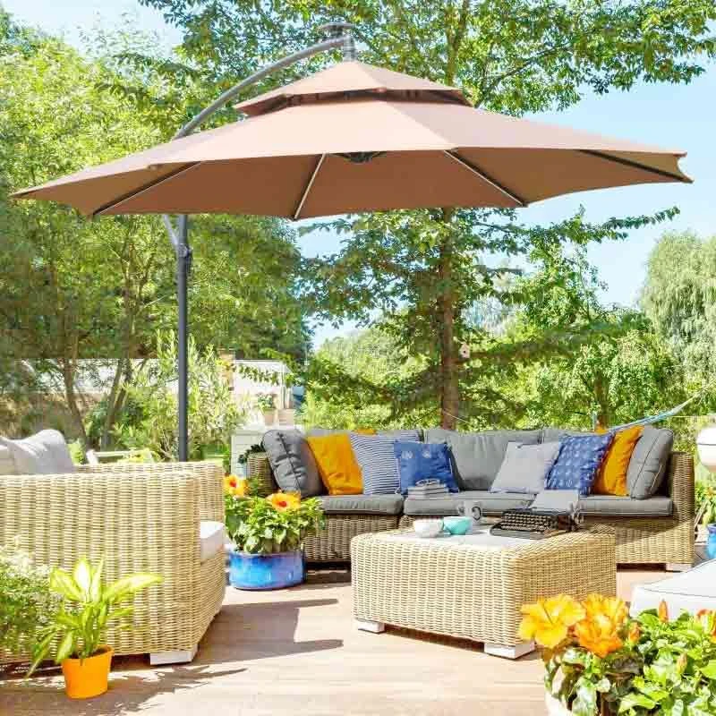 Outsunny 3m Cantilever Banana Parasol With LED Solar Lights, Crank, 8 Sturdy Ribs And Cross Base - Coffee - 84D-180CF