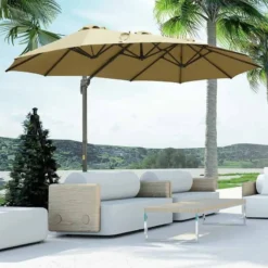 Outsunny 4.5m Large Double-Sided Rectangular Parasol With Crank Handle 360° Cross Base - Beige - 84D-183KK