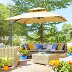 Outsunny 3m Cantilever Parasol Solar LED Lighted Hanging Canopy With Tilt And Crank Handle And Cross Base - Beige - 84D-184KK